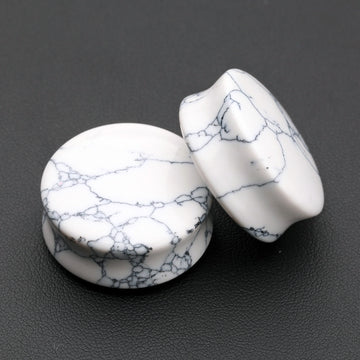 Detail View 1 of A Pair of White Howlite Stone Double Flared Ear Gauge Plug-Clear Gem/White